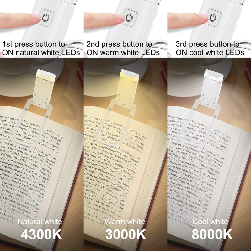 HONWELL Rechargeable Clip On LED Book Light, 3 Brightness Levels Dimmable Bookmark Light for Eye-Protection, Portable Reading Lamp for Bookworms, Travel (White) - Image 3